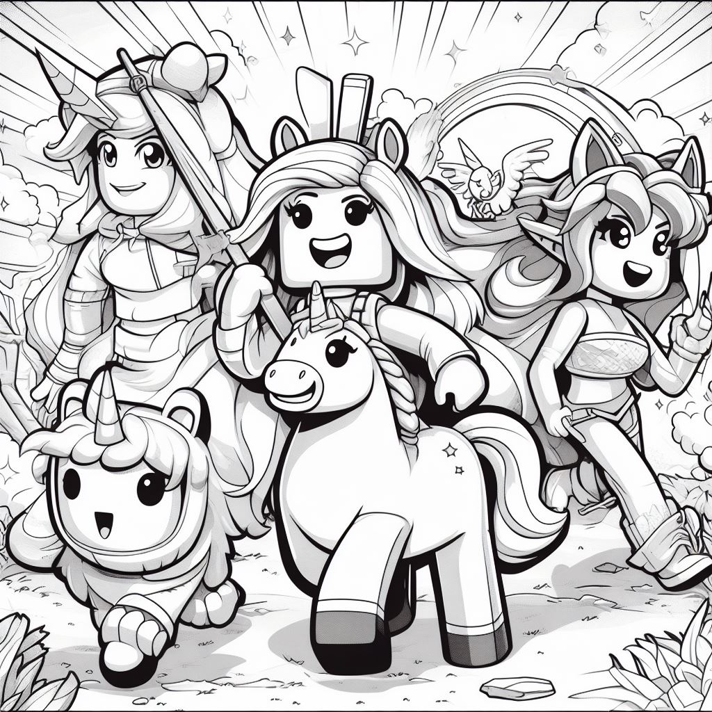 The scene is filled with boundless joy and laughter as the Roblox characters, adorned in vibrant outfits and accessories, ride their unicorns through a fantastical landscape. Picture the wind tousling their hair and the radiant smiles on their faces, capturing the exhilaration of this fantastical journey.