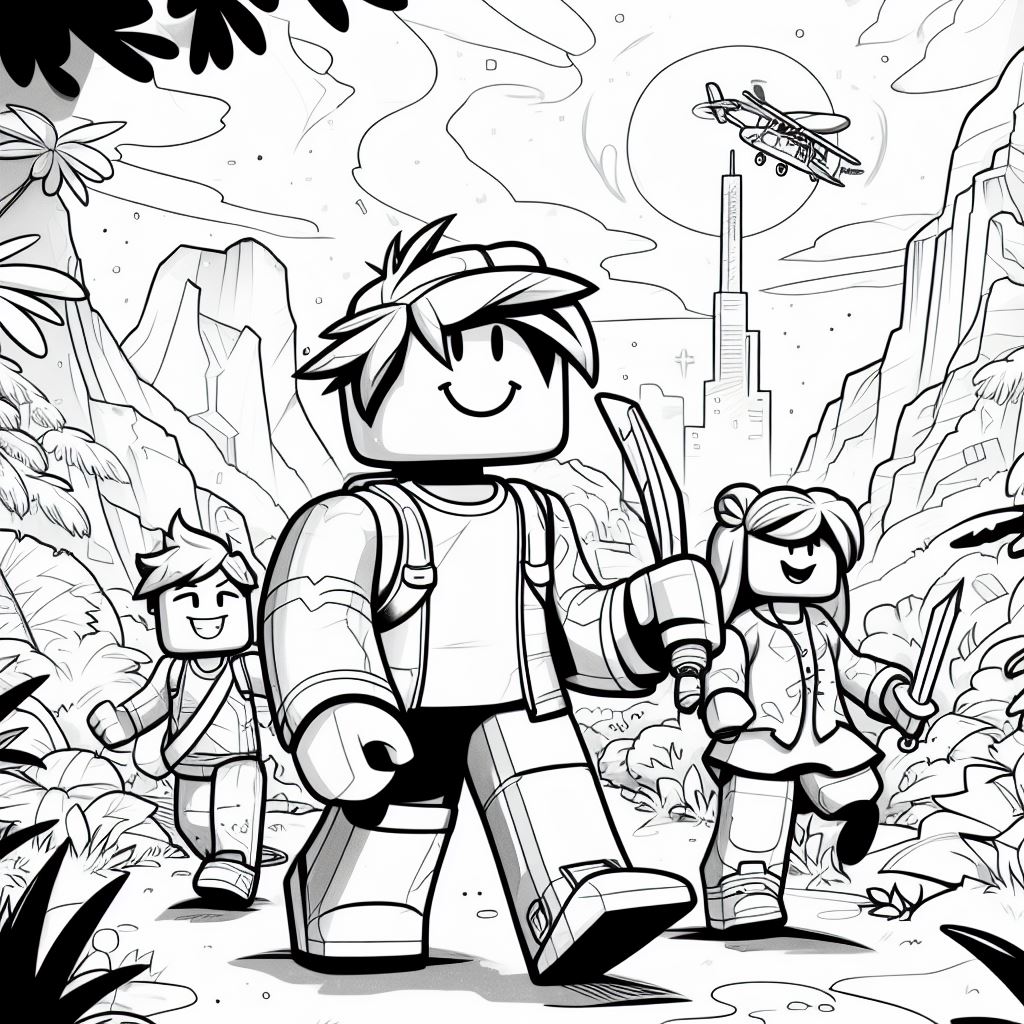 The scene unfolds in a lush and vibrant jungle setting within the Roblox universe, where a daring explorer, clad in adventurous gear, navigates through the dense foliage and towering trees.