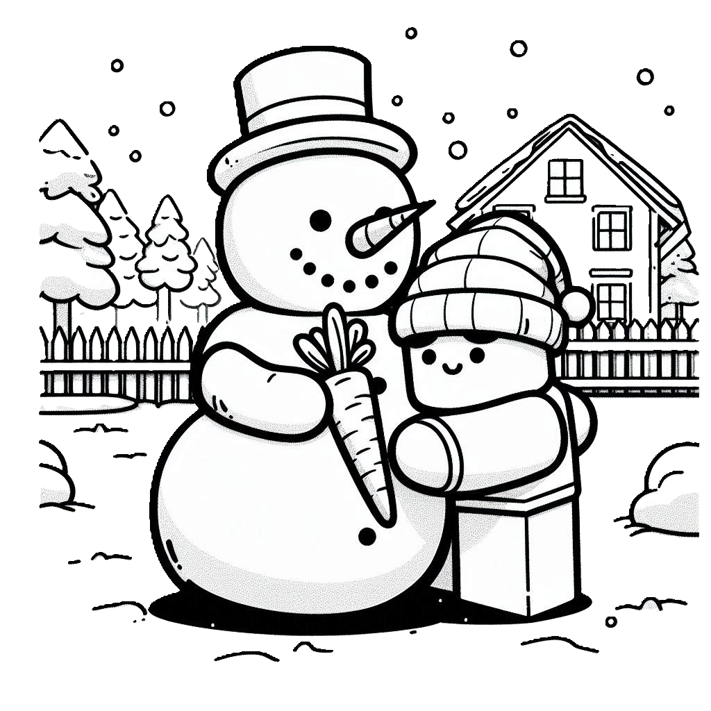A simple illustration of a Roblox child hugging snow man in a snowy yard as a simple line drawing with no shading